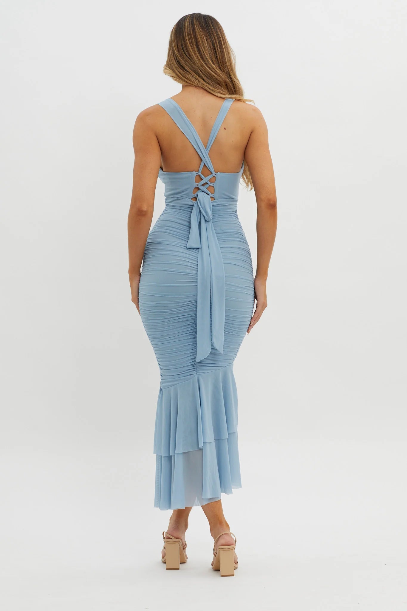 Surreal Lace-Up Back Ruched Midi Dress Blue