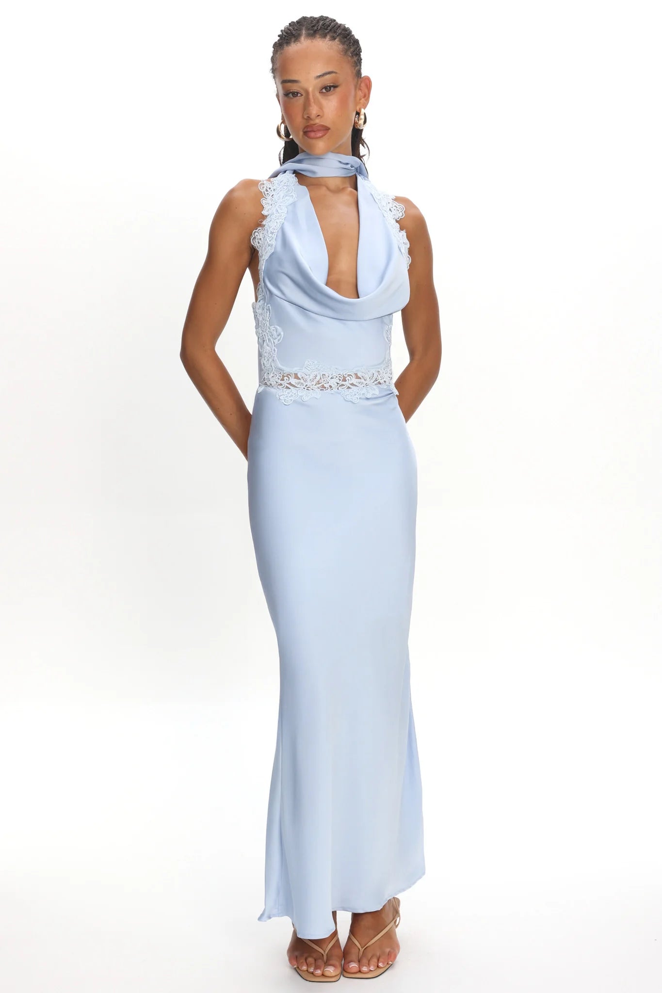 Scotlyn Applique Trim Halter Maxi Dress Blue
