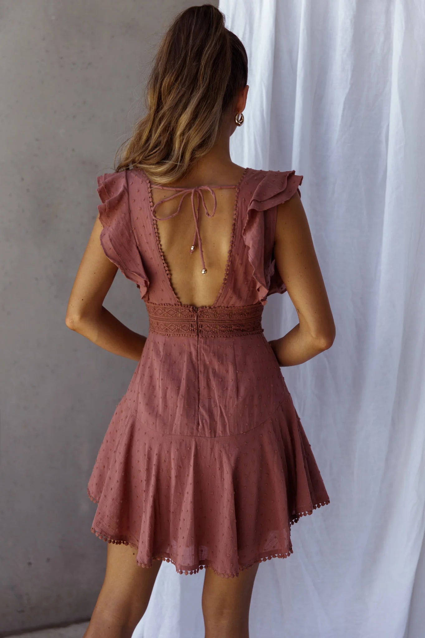 Idyllwild Ruffle Shoulder Mini Dress Rose