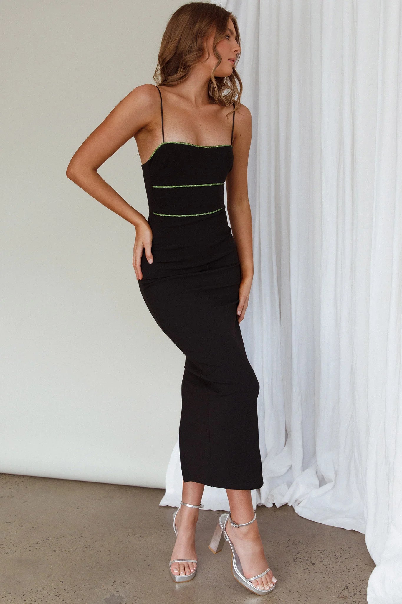 Esperance Diamante Trim Midi Dress Black