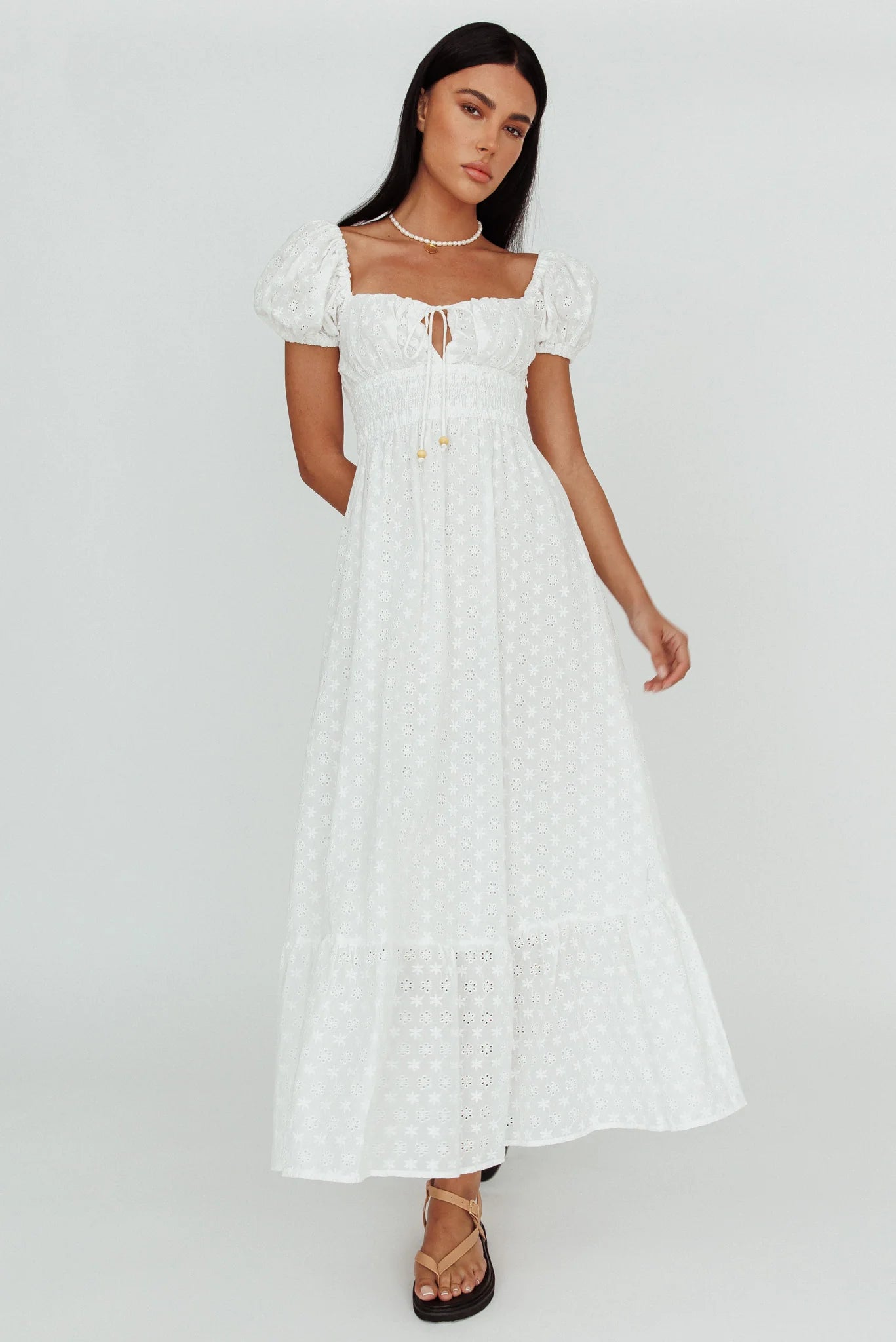 Sia Puff Sleeve Eyelet Maxi Dress White