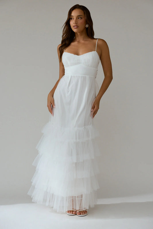 Nerida Twist Back Frill Trim Mesh Maxi Dress White