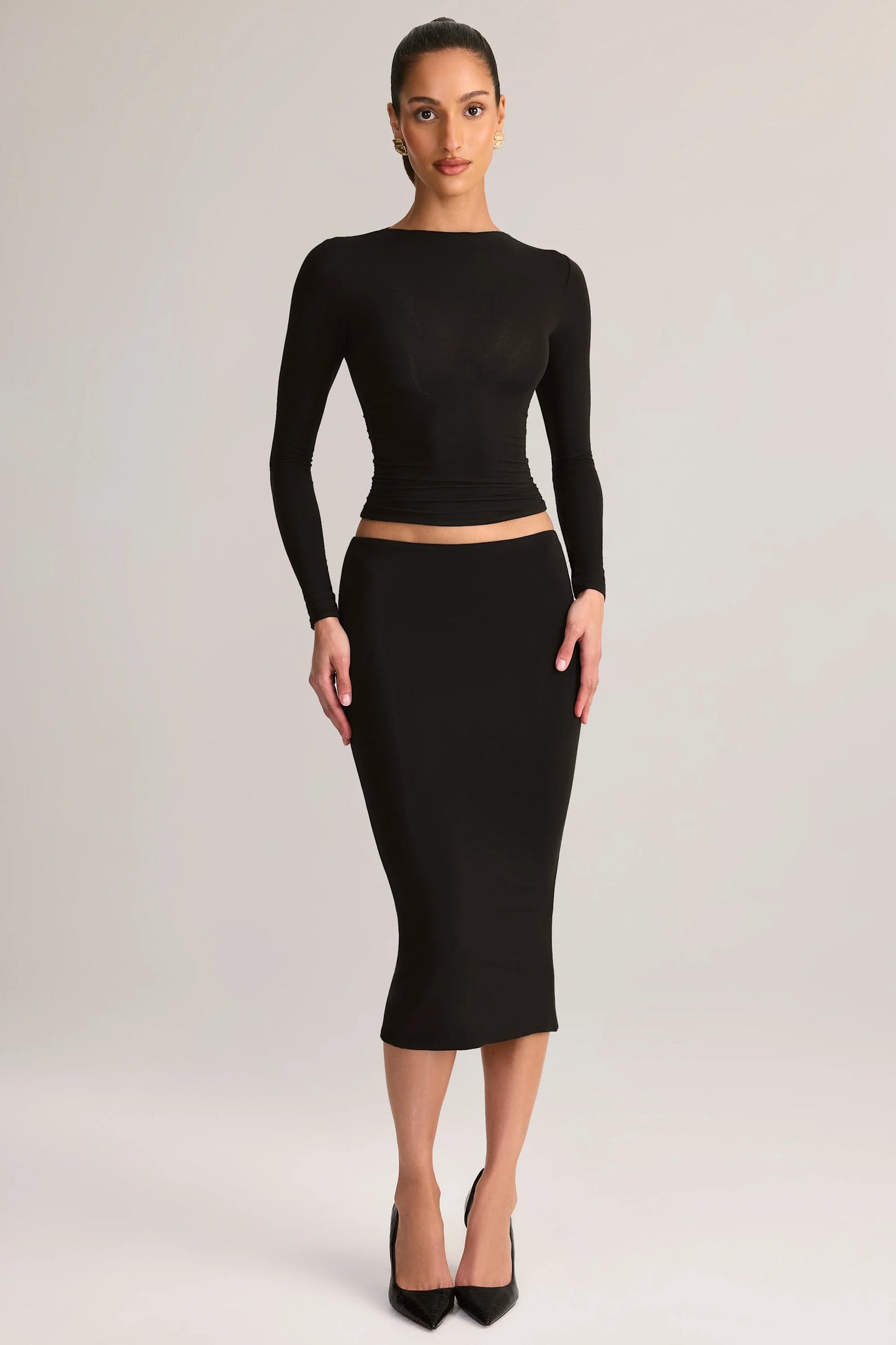 Modal Mid-Rise Pencil Midi Skirt in Black
