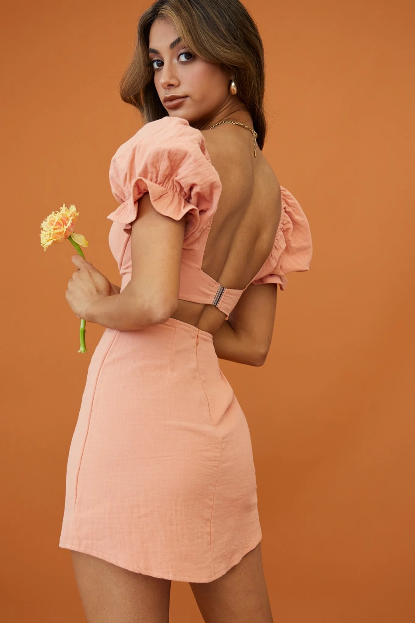 Norma Jean Puff Sleeve Piping Trim Mini Dress Apricot