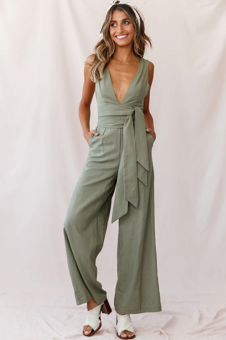 Dylan V-Neckline Wide Leg Jumpsuit Olive