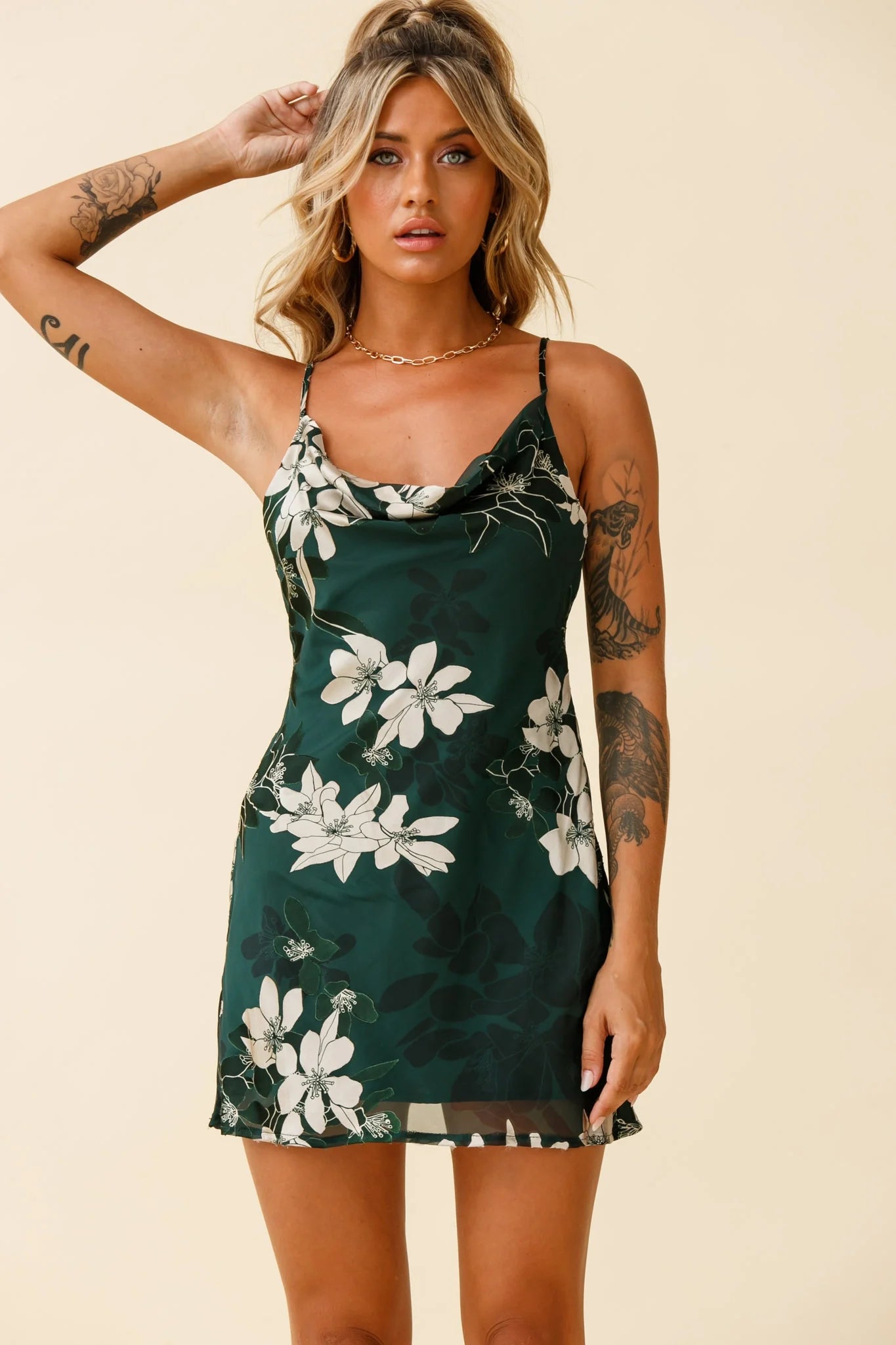 Show Me Love Cowl Neck Mini Dress Flower Print Green