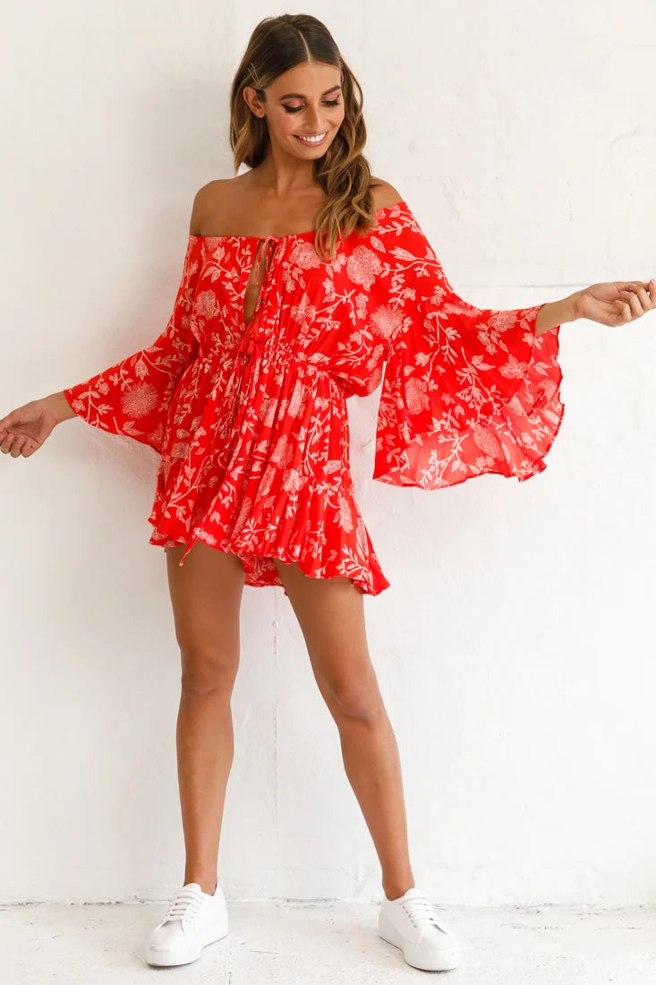 Fiona Drawstring Floral Romper Red