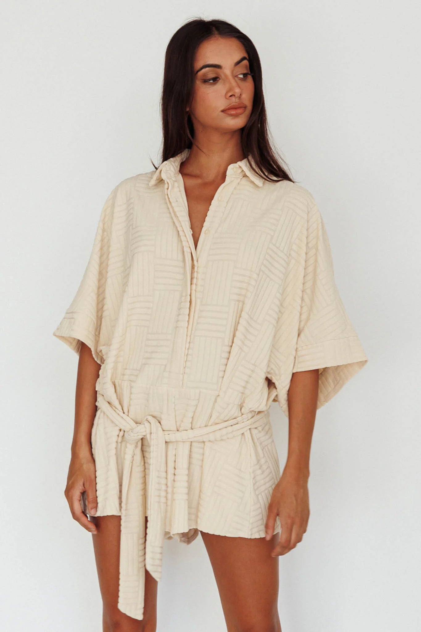 Daytona Beach Button-Up Romper Textured Beige
