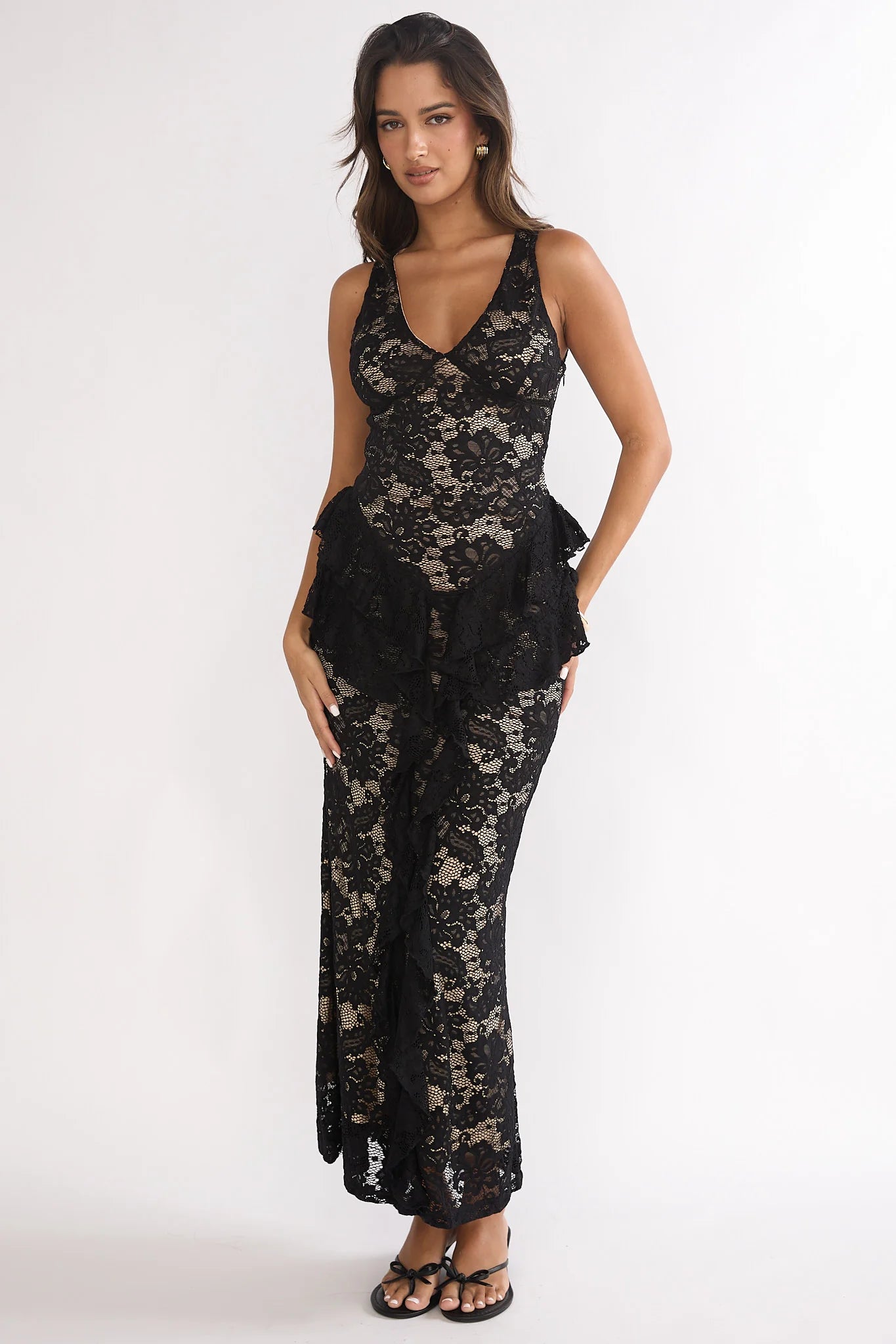 Serenella Peplum Lace Maxi Dress Black