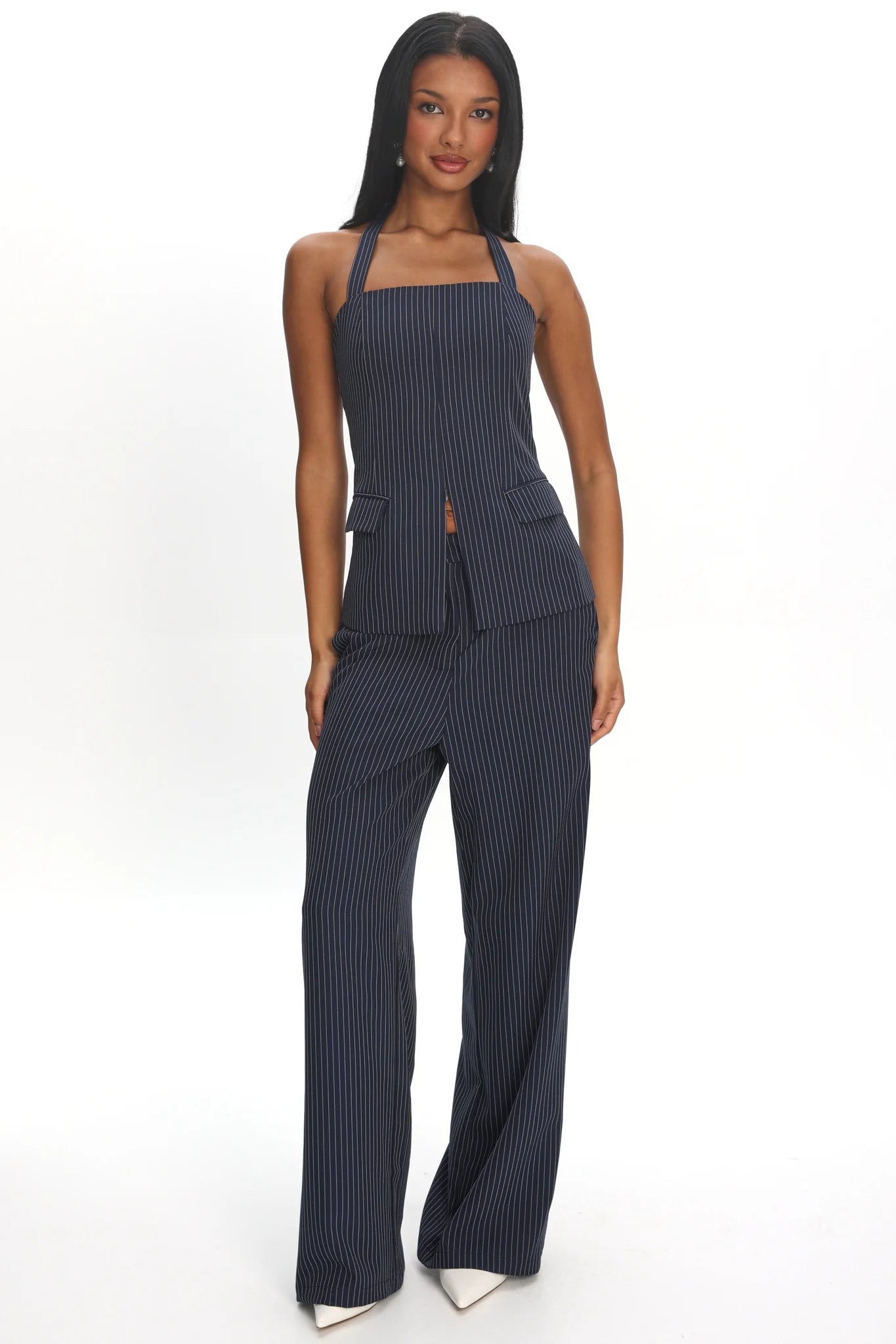 Renee Front Zip Halter Top Pinstripe Navy