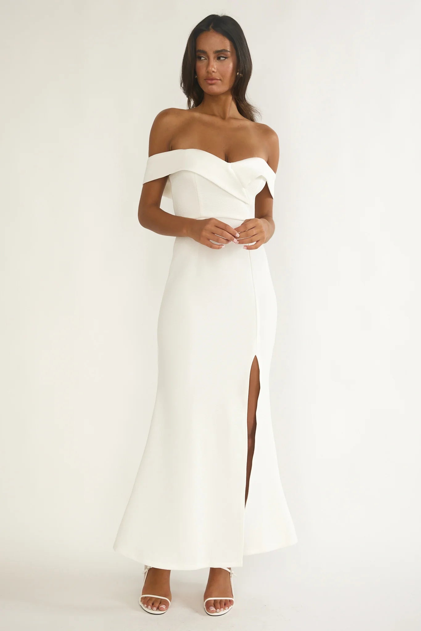Rider Off-Shoulder Front Split Maxi Dress White