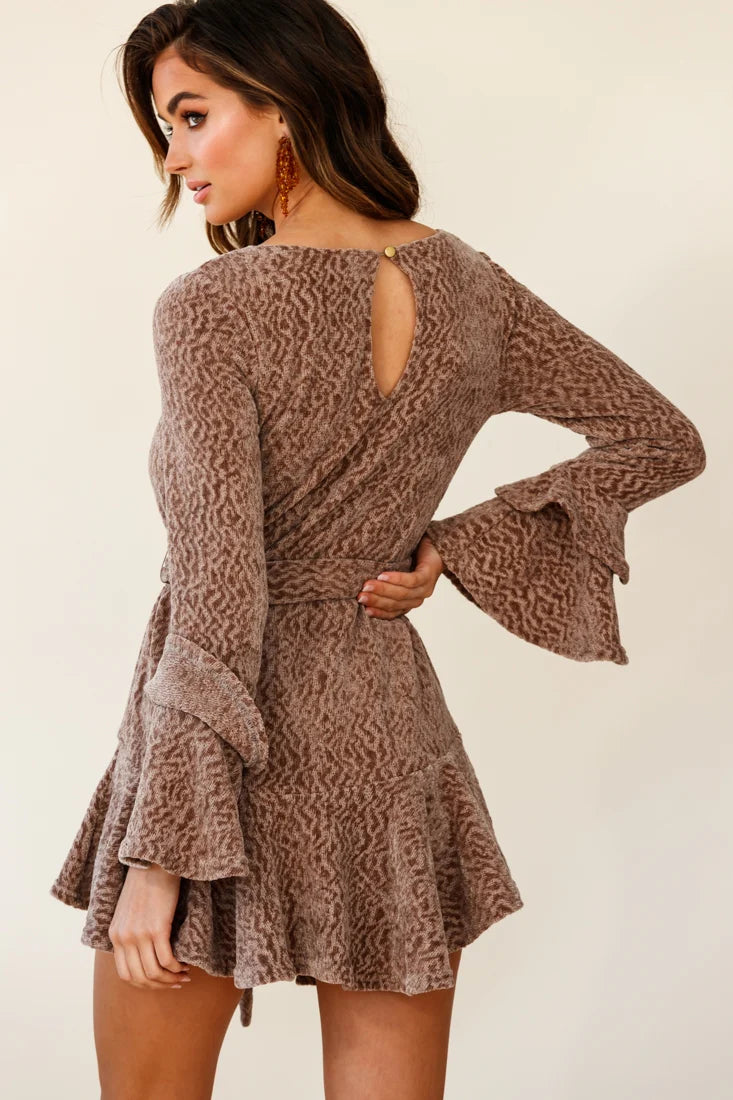 Saphira Long Sleeve Fluted Hem Knit Dress Taupe