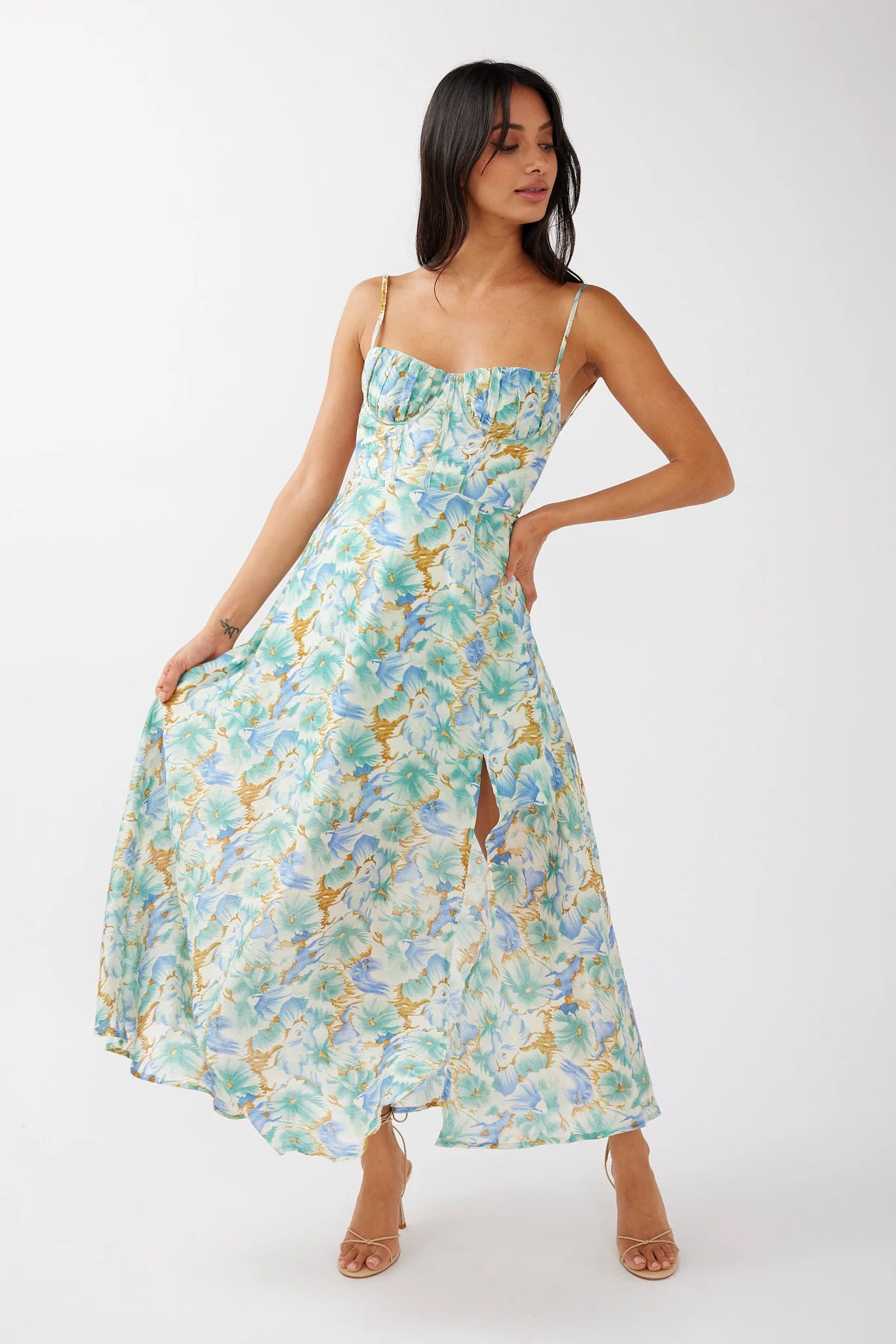 Echoes Tied Back A-Line Midi Dress Floral Green