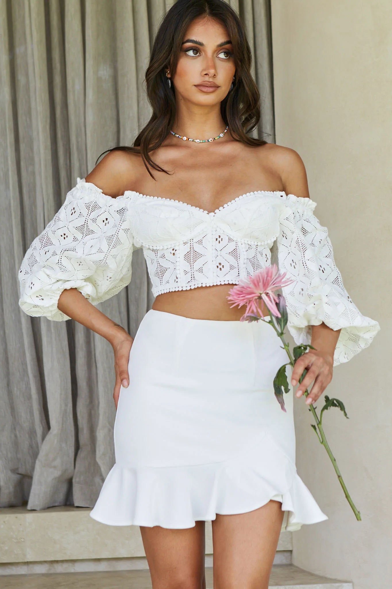 Emoji Asymmetrical Ruffle Hemline Skirt White