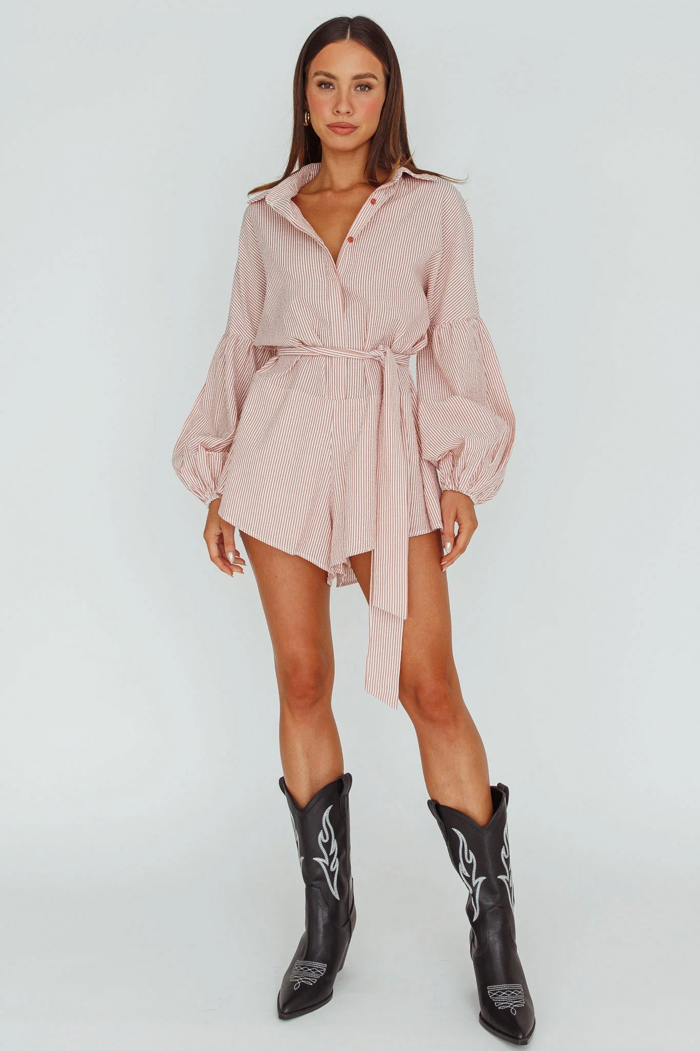 Daytona Beach Long Sleeve Shirt Romper Terracotta Stripe