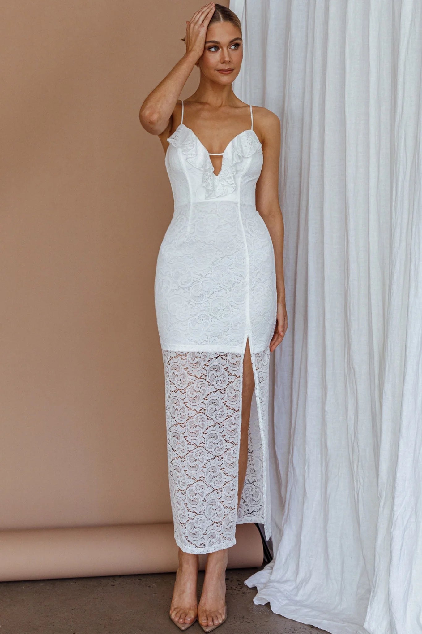 Evaleigh Frill Trim Lace Midi Dress White
