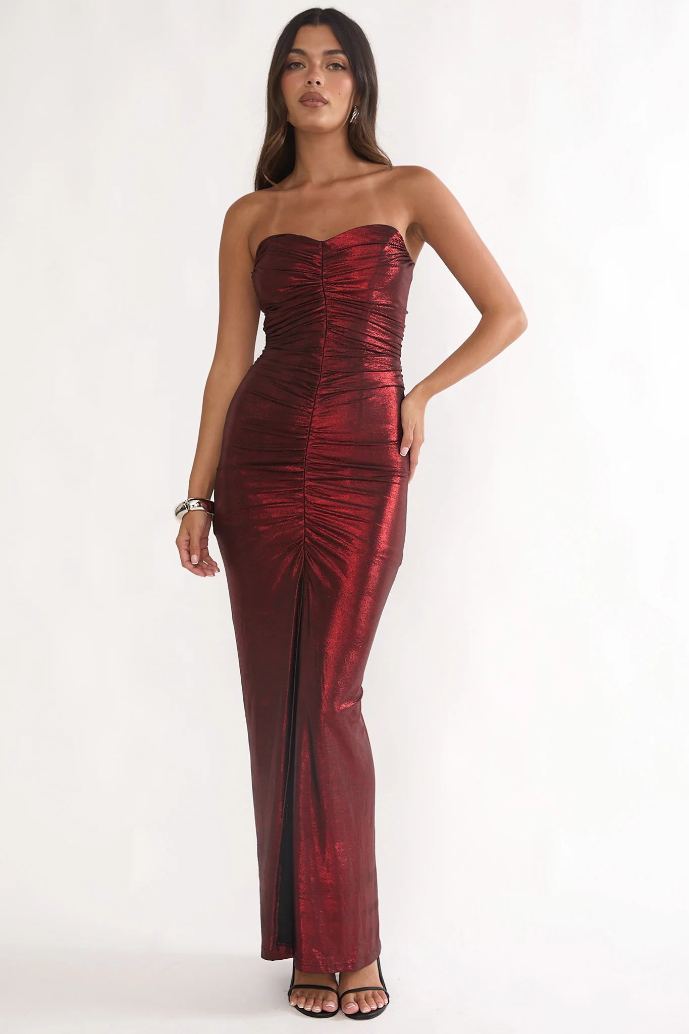 Nerina Strapless Ruched Maxi Dress Red