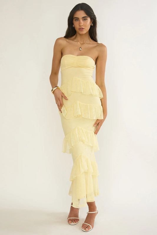 Dulce Dreams Sweetheart Neckline Lace Frill Maxi Dress Butter