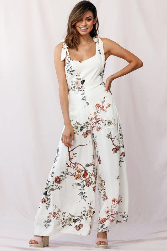 Therese Tied-Shoulder Wide Leg Jumpsuit Floral Print Beige