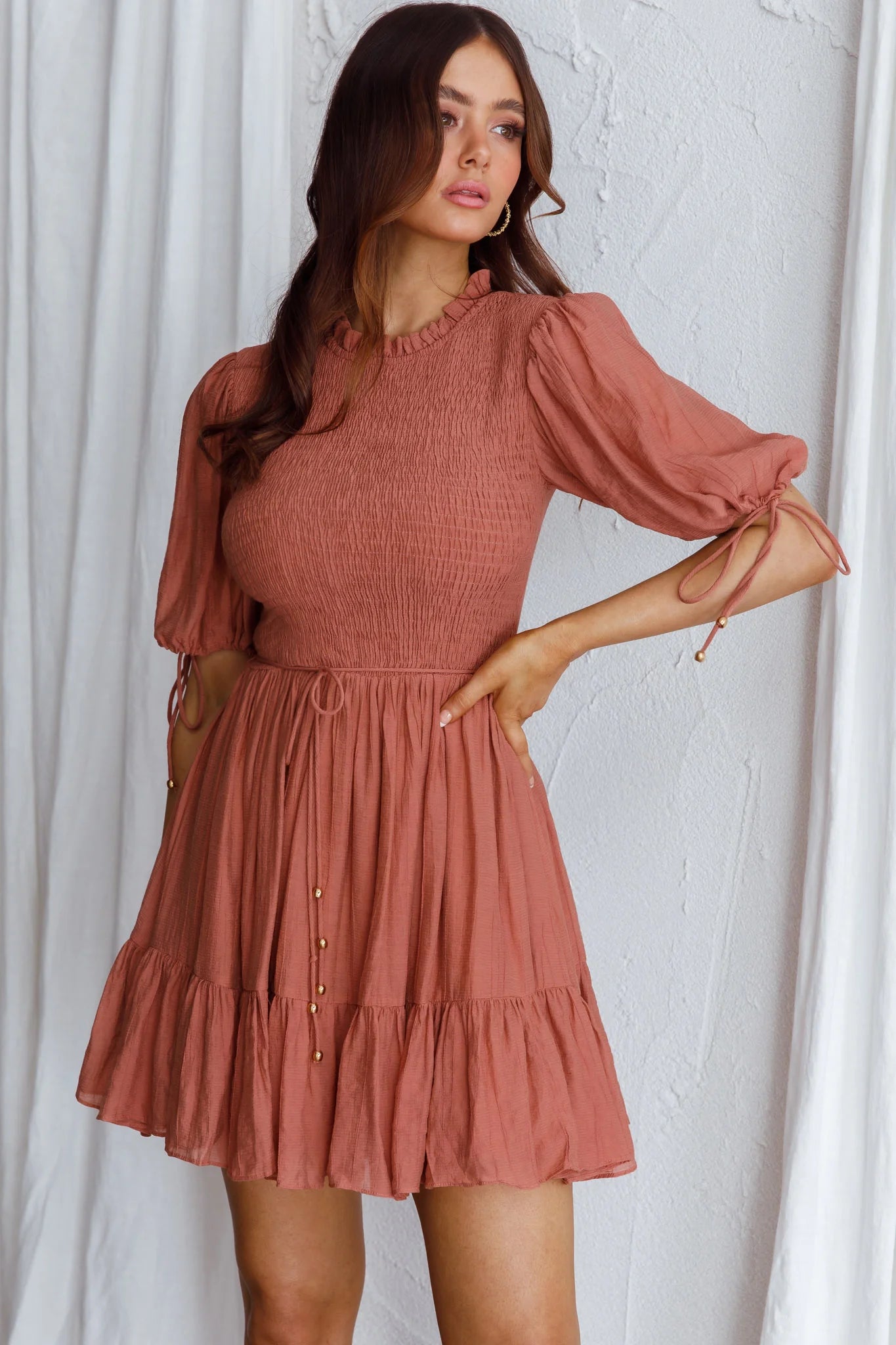 Secret Garden Puff Sleeve Smocked Bodice Dress Mocha