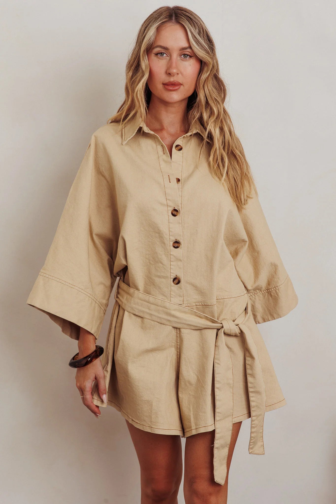 Daytona Beach Button-Up Romper Beige
