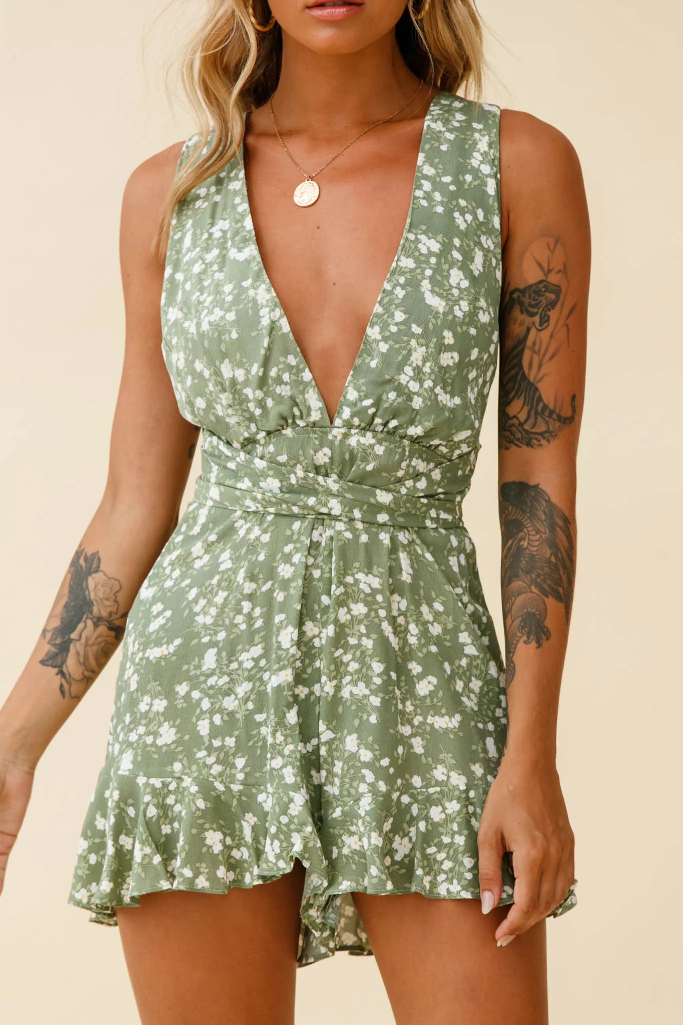 Playa Vista Halterneck Frill Hem Romper Floral Print Olive