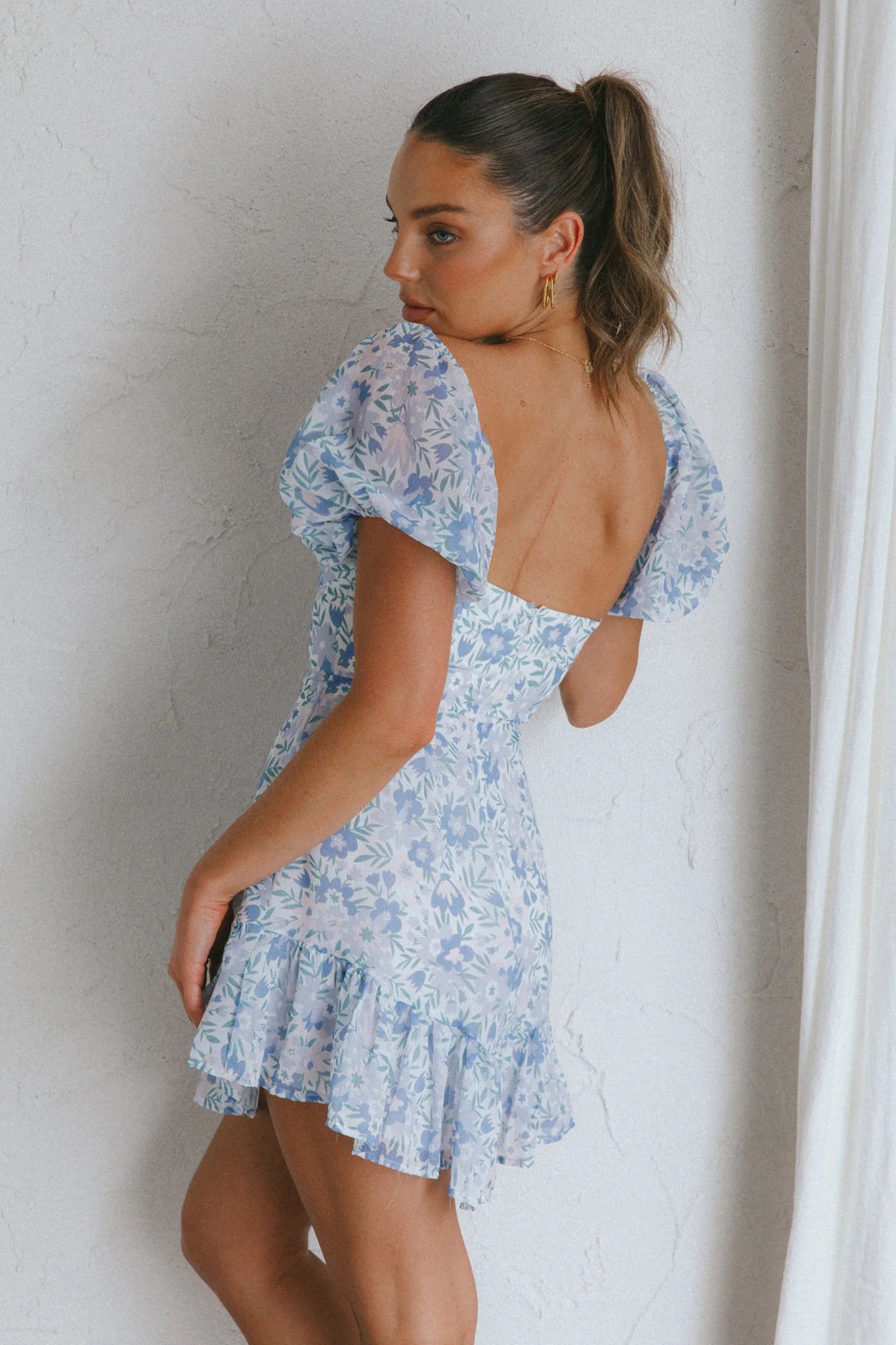 Cross My Heart V-Bust Frill Mini Dress Floral Blue
