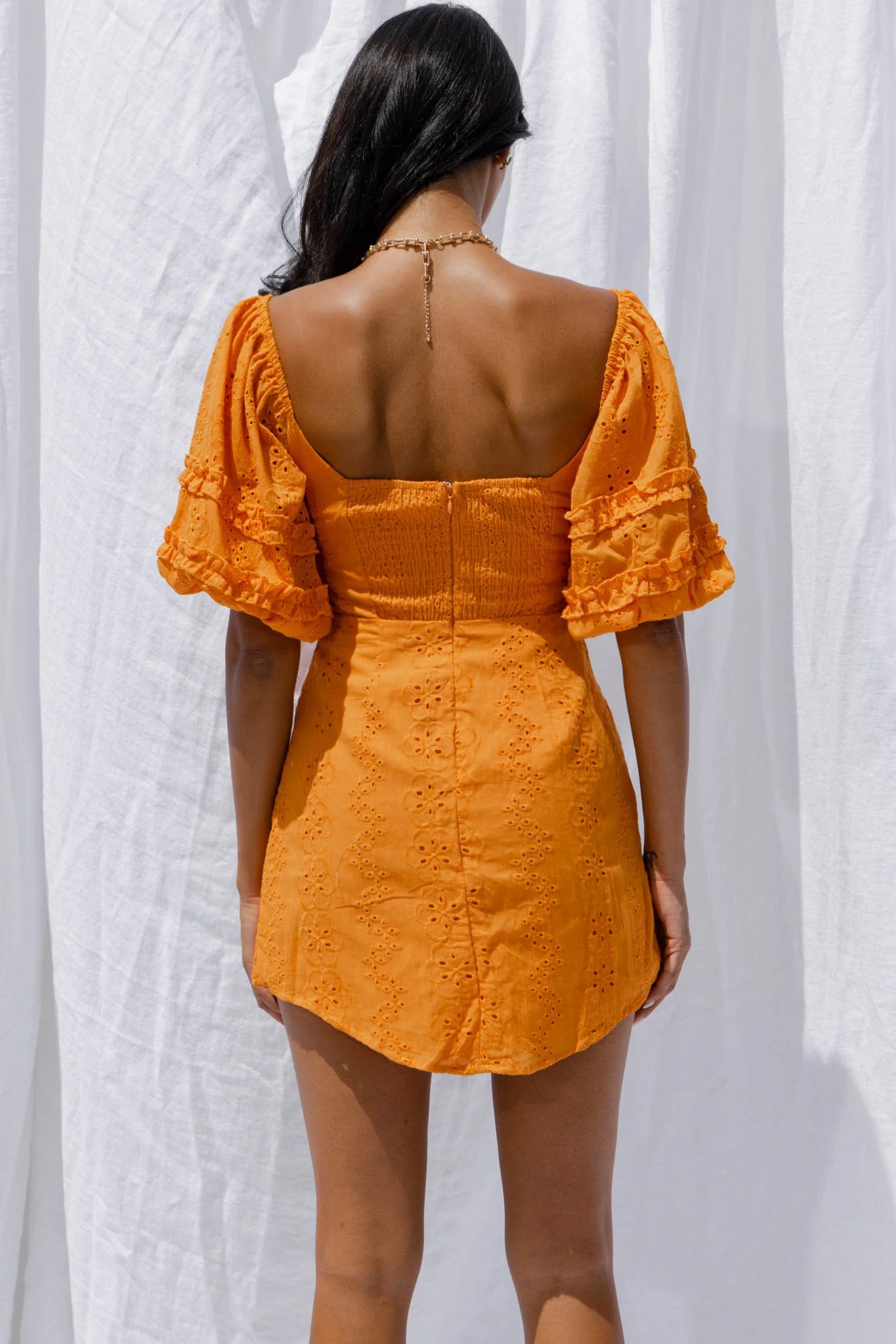 Sweet Romance Puff Sleeve Eyelet Mini Dress Sunset