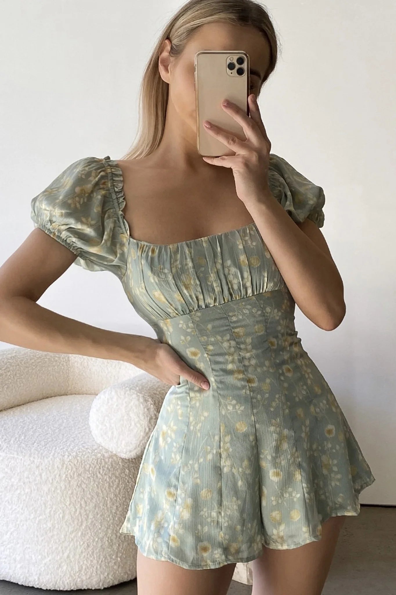 Flora Ruched Bust Puff Sleeve Romper Floral Print Mint