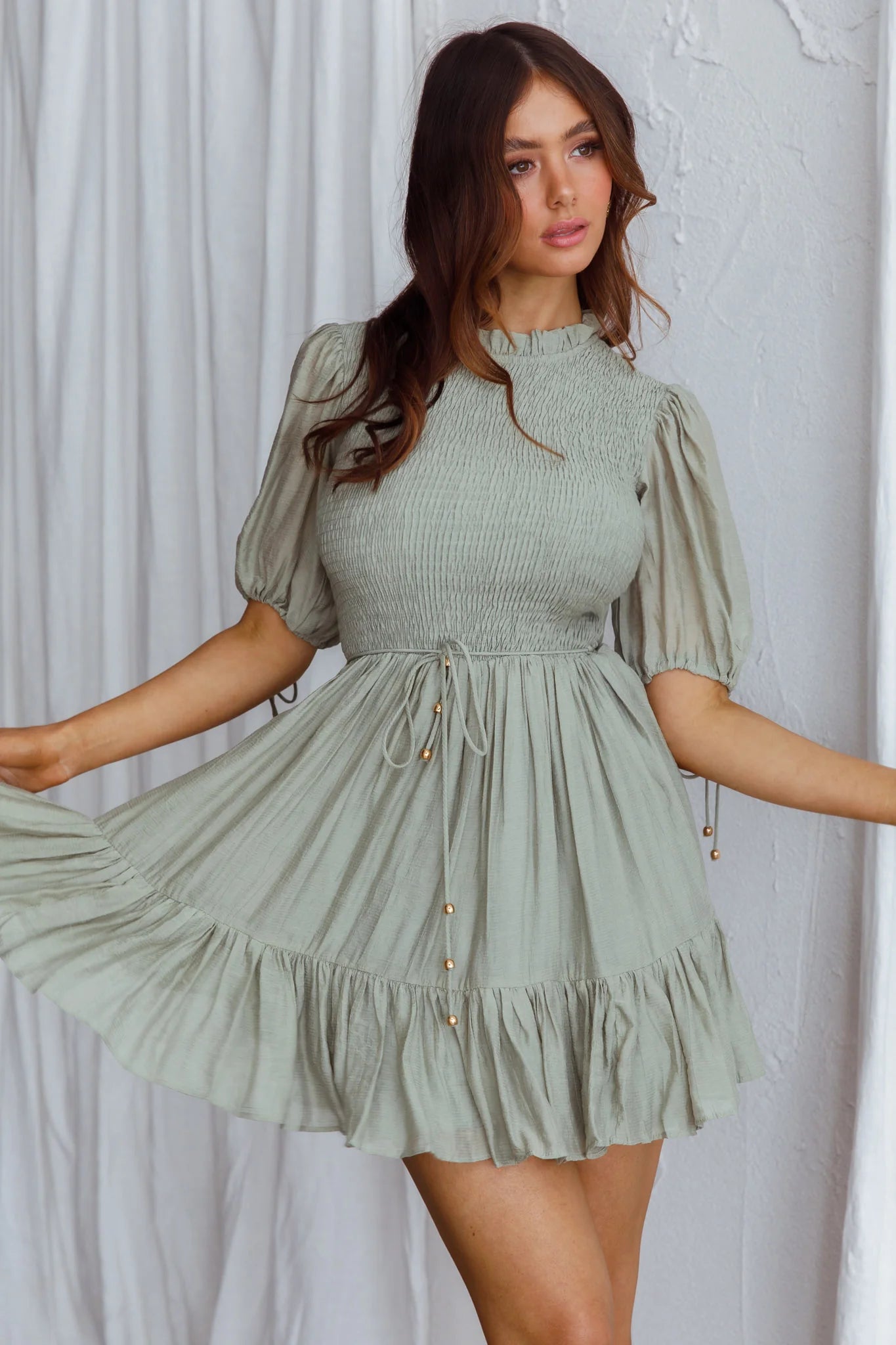 Secret Garden Puff Sleeve Smocked Bodice Dress Avocado