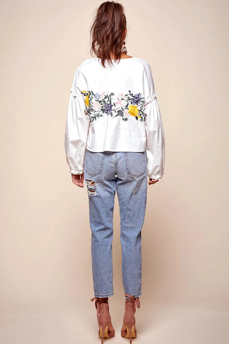 Olivia Floral Embroidered Cinched Wrist Shirt White