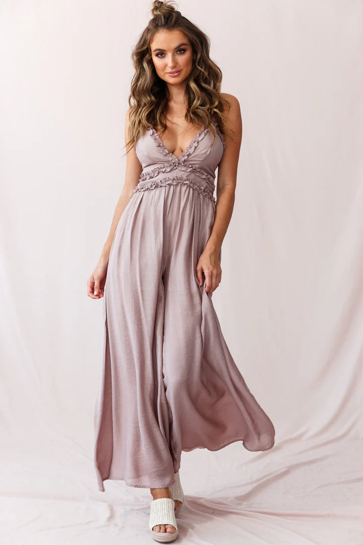 Laney Wide Leg Ruffle Detail Jumpsuit Mocha