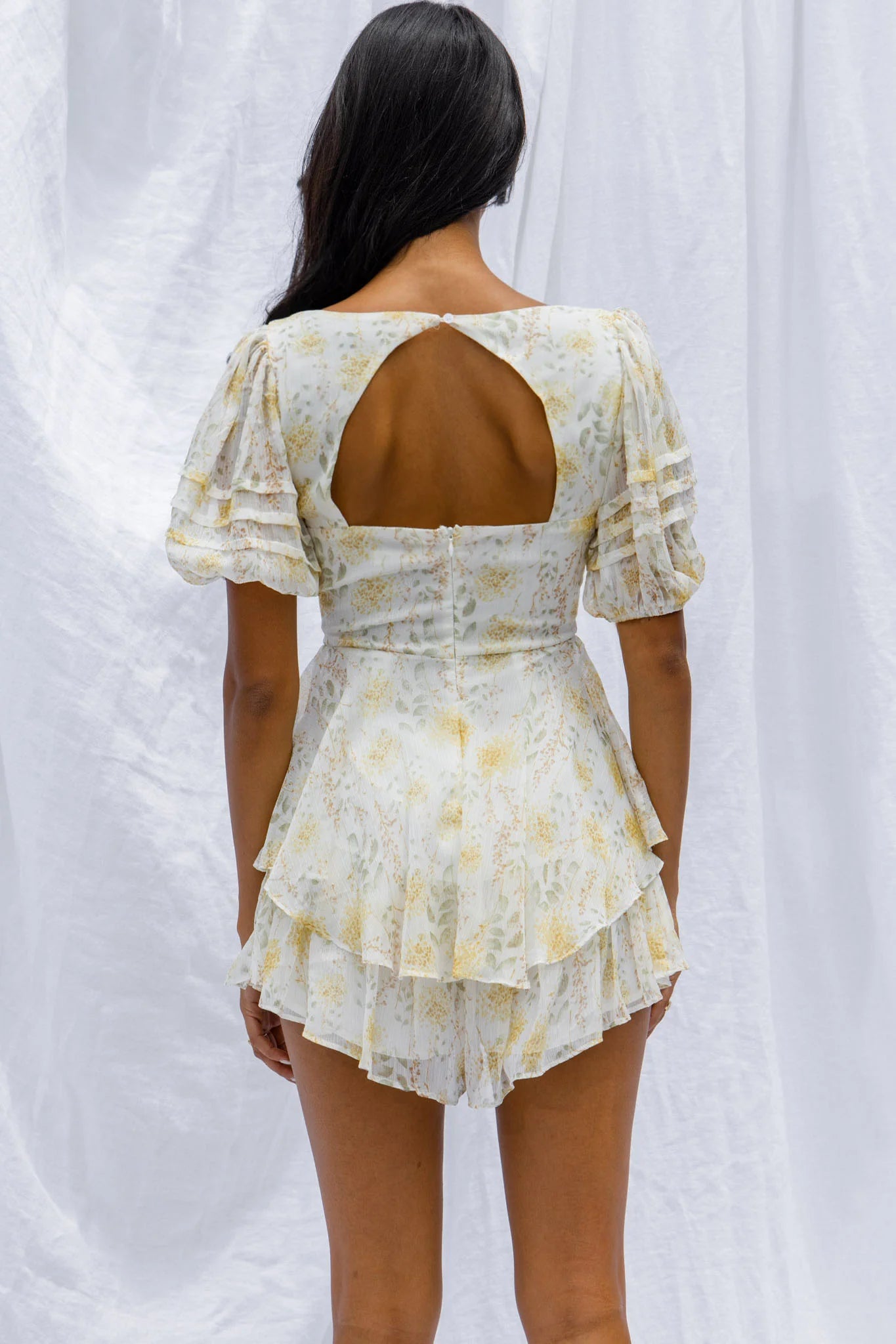 Sun Drops Puff Sleeve Keyhole Back Romper Floral Print Mint