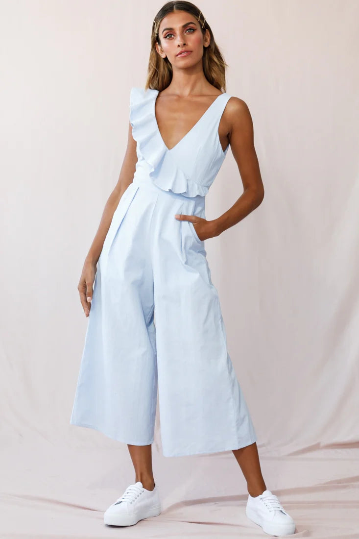 Cheryl Ruffle Strap Wide Leg Jumpsuit Steel Blue