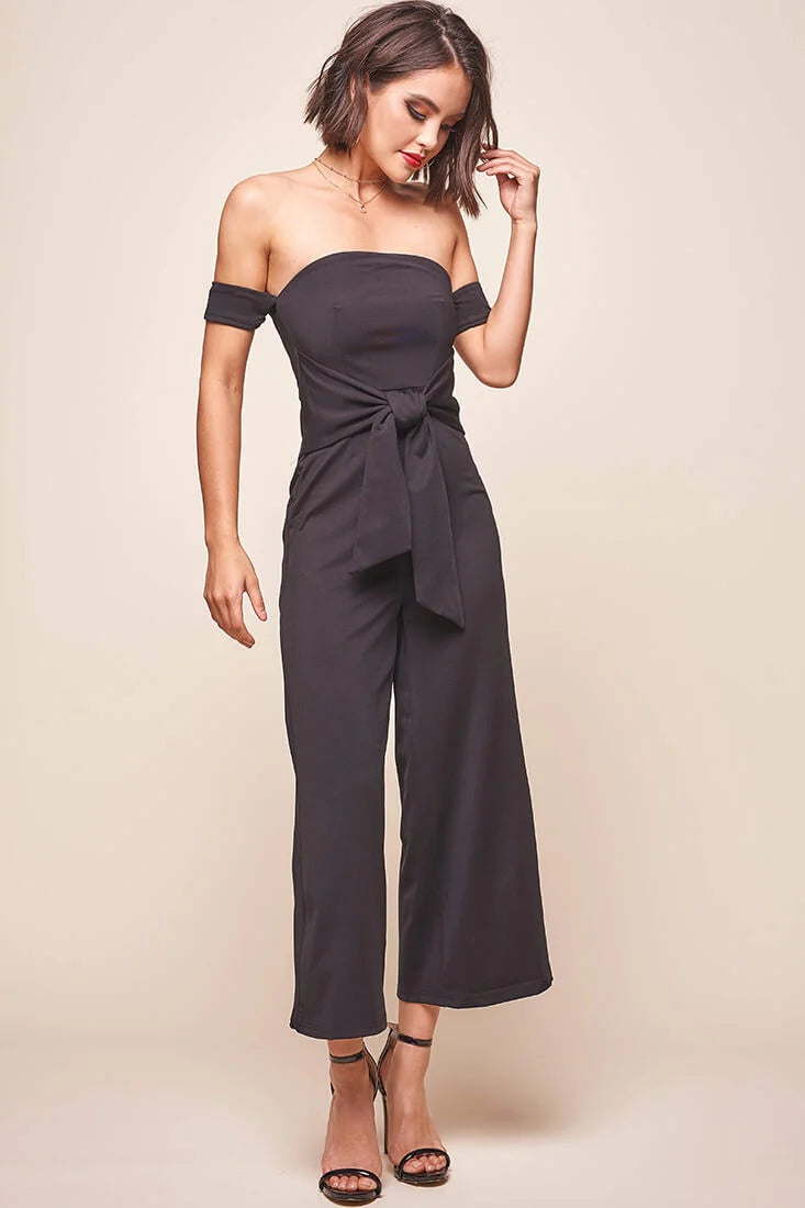 Joan Off Shoulder Waist Tie Wide Leg Jumpsuit Black