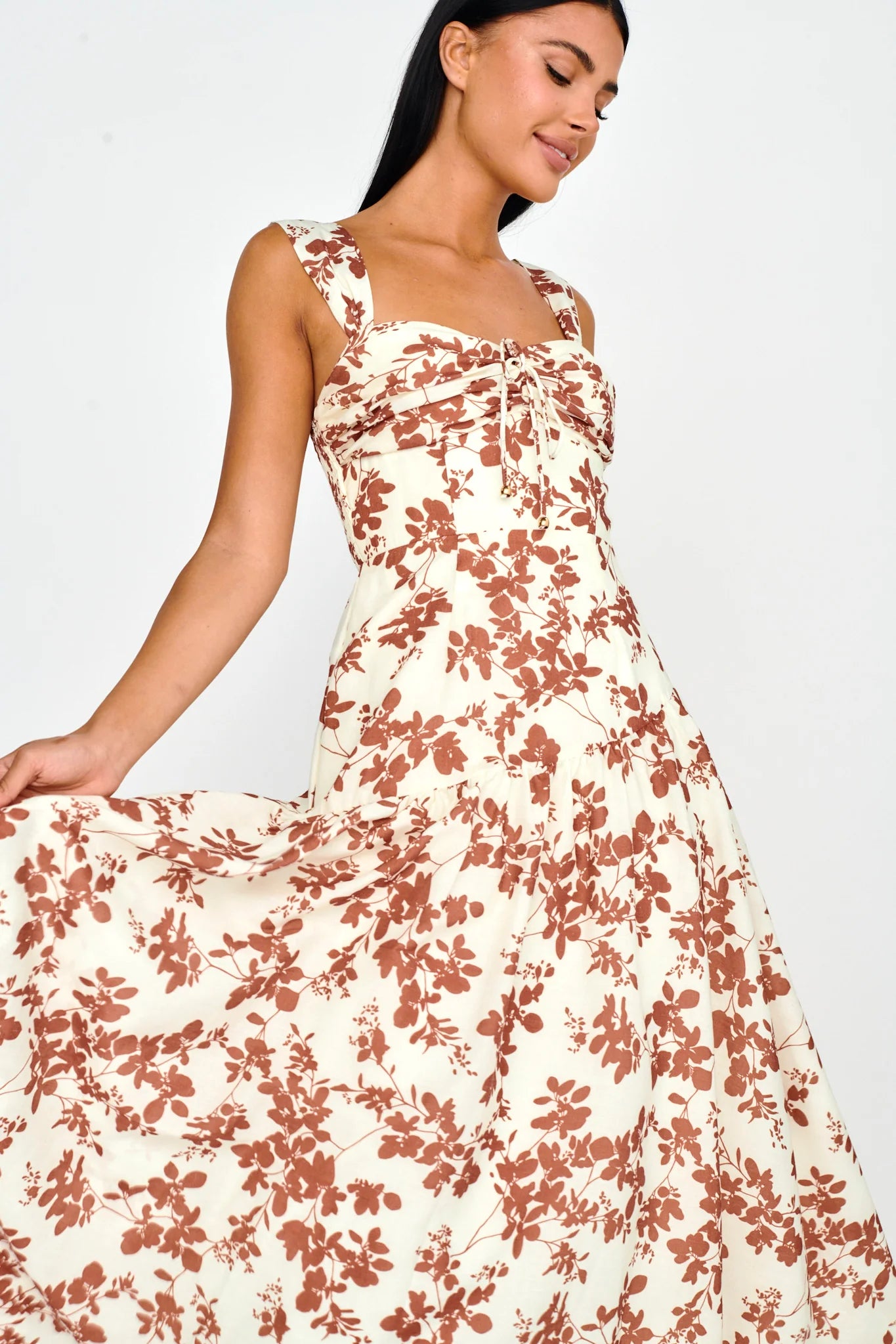 Nichola Ruched Bust Midi Dress Floral Brown