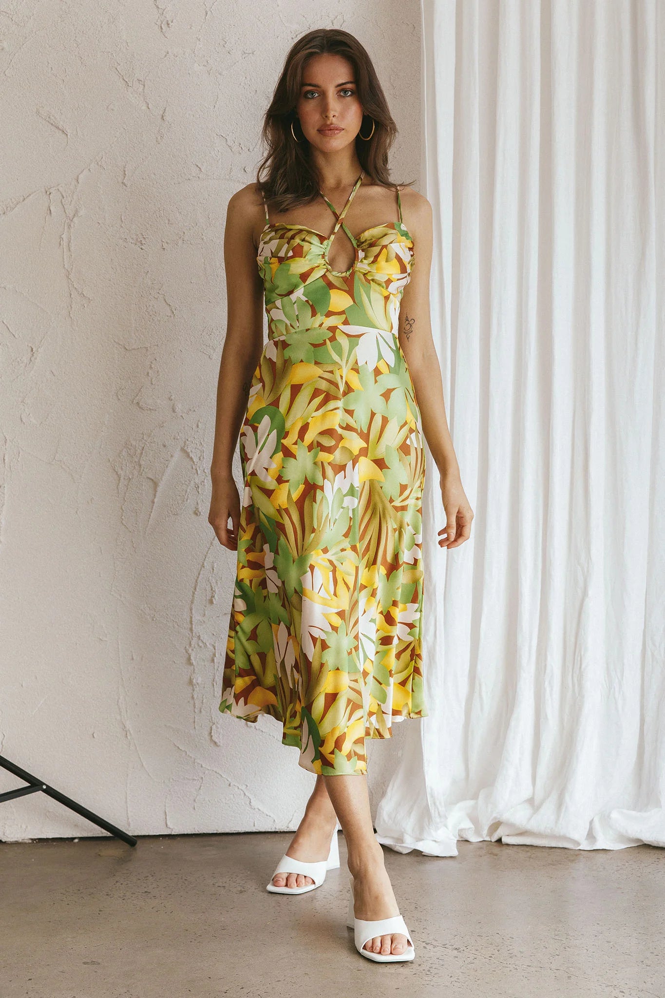 Emmalie Satin Midi Dress Floral Green