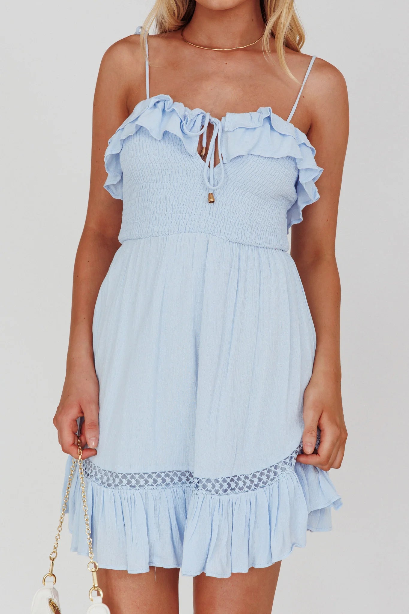 Daydream Shirred Bust Frill Trim Mini Dress Ice Blue