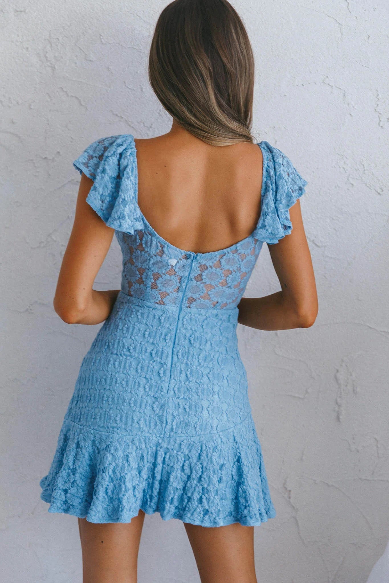 Secret Crush Flutter Sleeve Floral Lace Ruffle Hem Dress Blue