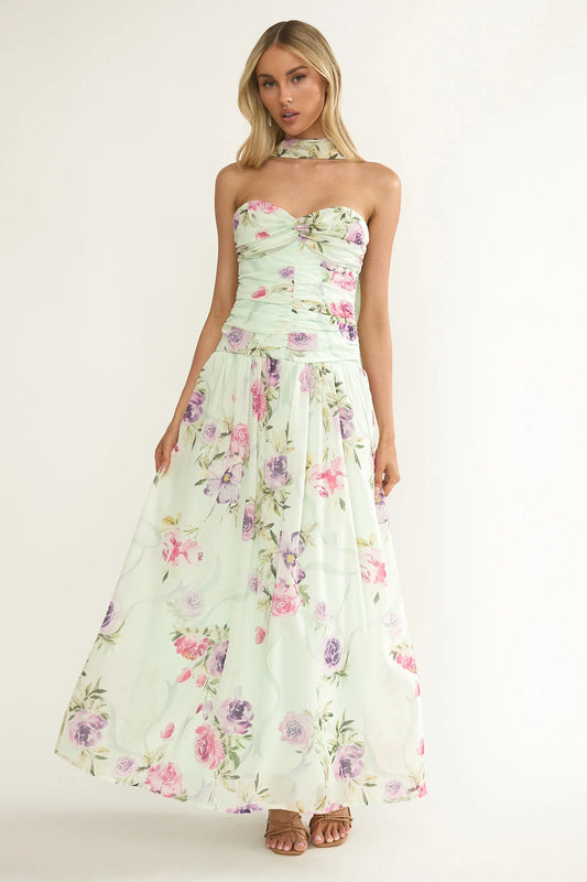 Novarra Twist Bust Strapless Maxi Dress Floral Mint