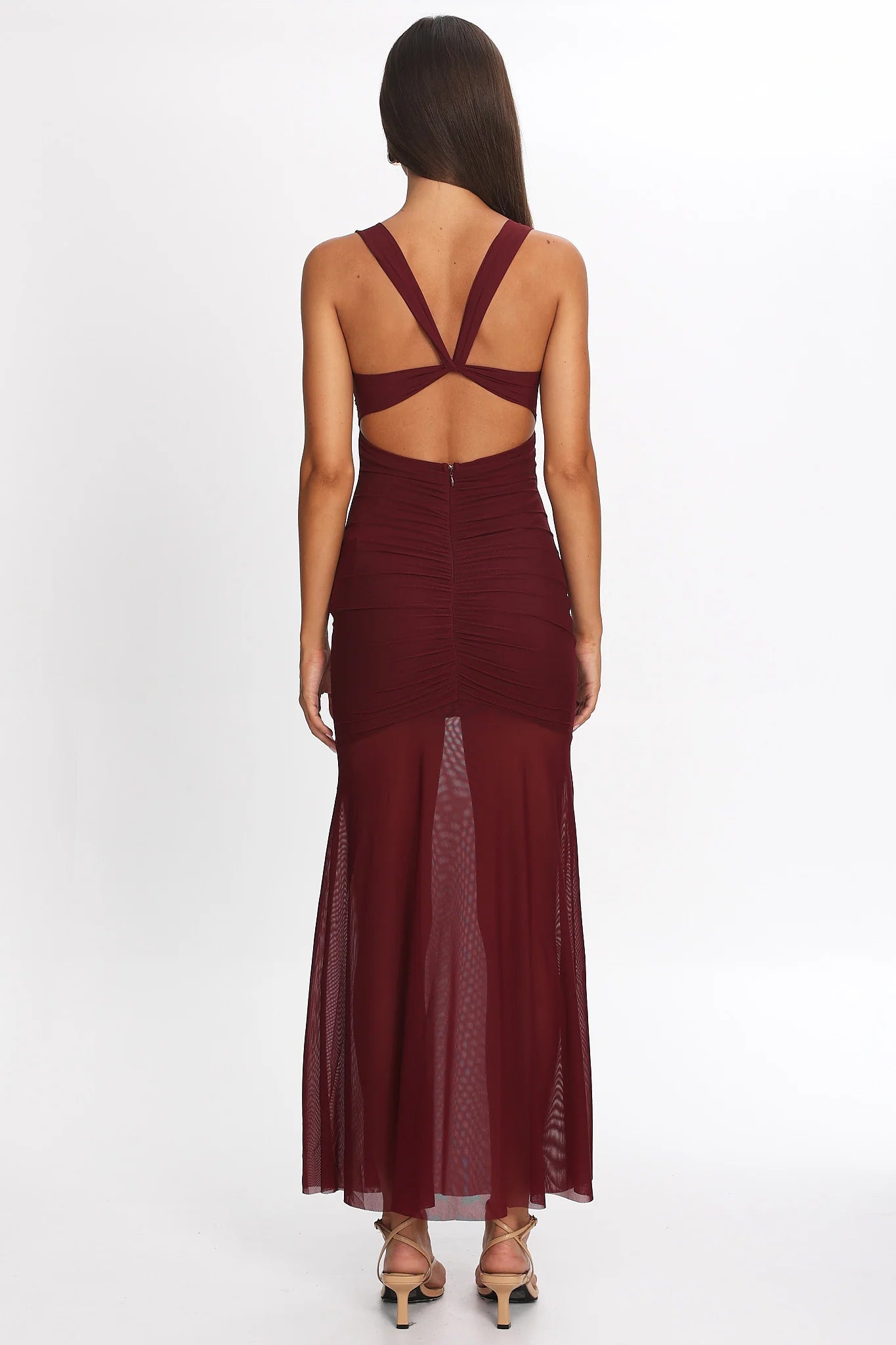 Sade Sheer Panel Ruched Maxi Dress Wine