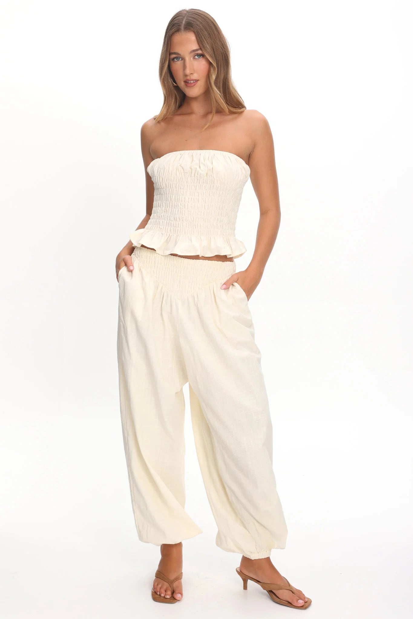 Norina Shirred Strapless Top Cream