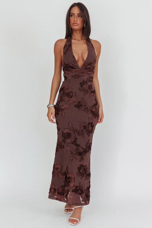 Cipriana Backless Halter Maxi Dress Embellished Brown
