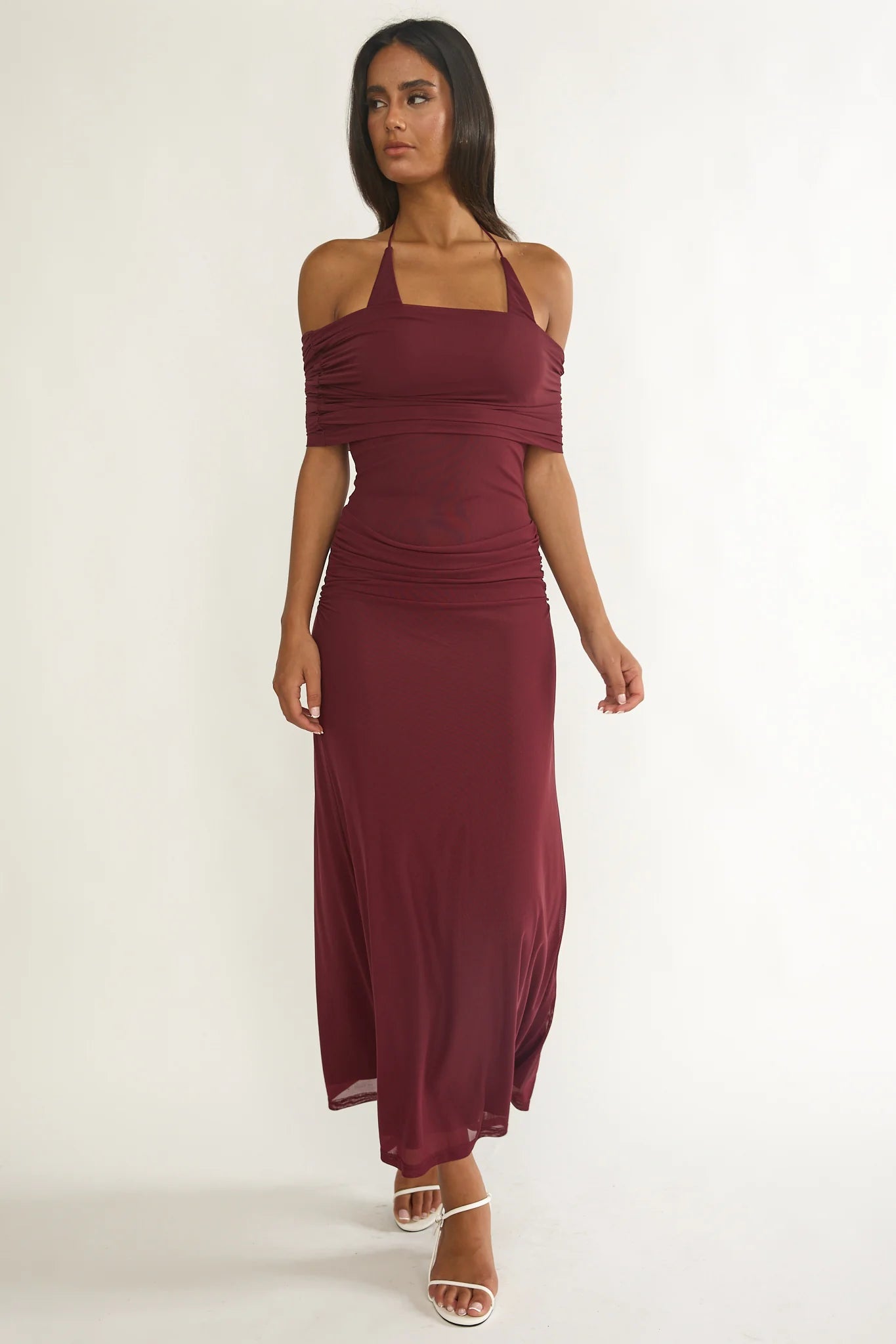 Carielle Off-Shoulder Halter Maxi Dress Wine