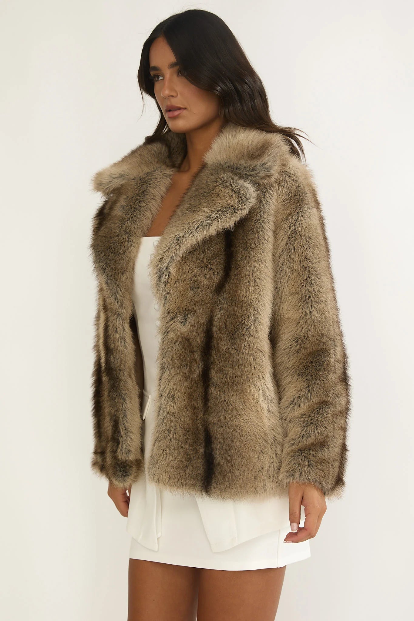 Soraya Notch Lapel Faux Fur Coat Brown