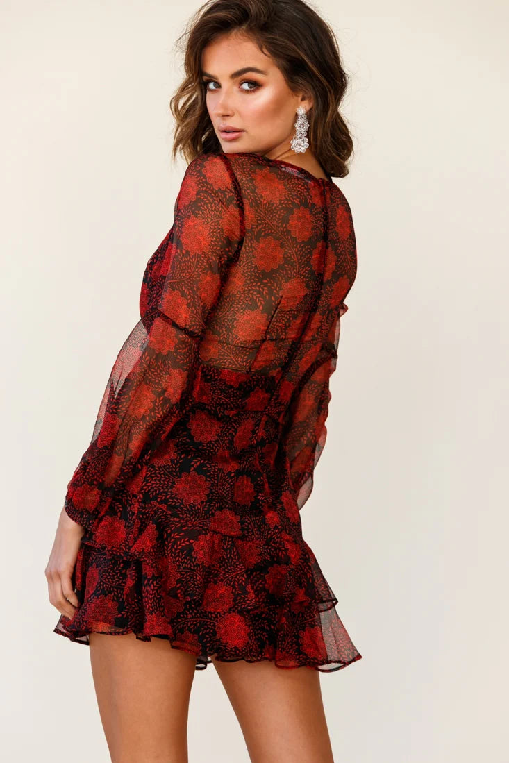 Kerry Layered Balloon Sleeve Dress Floral Print Black/Red