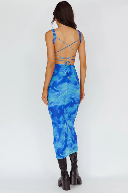 Dream Crush Lace-Up Back Side Split Maxi Dress Swirl Blue