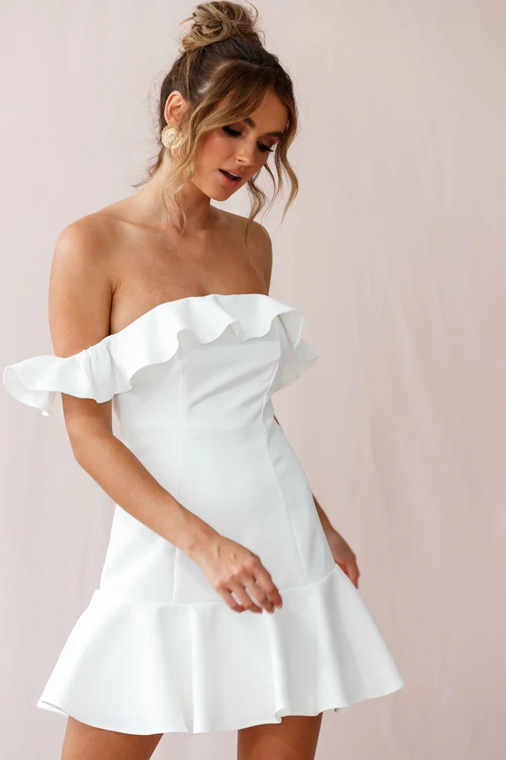Ondine Bardot Neckline Fluted Hem Dress White
