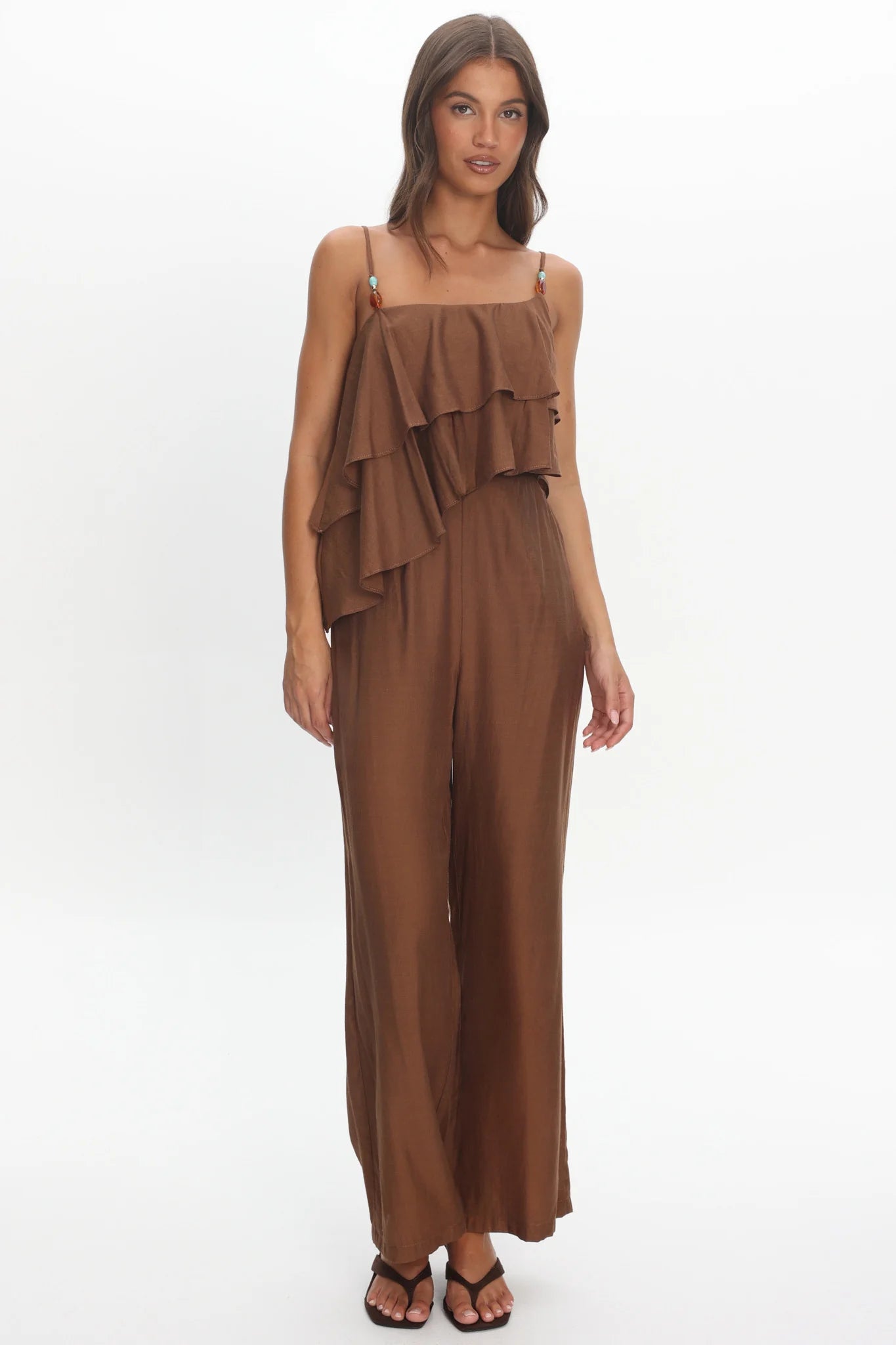 Darylyn Asymmetric Ruffle Jumpsuit Chocolate