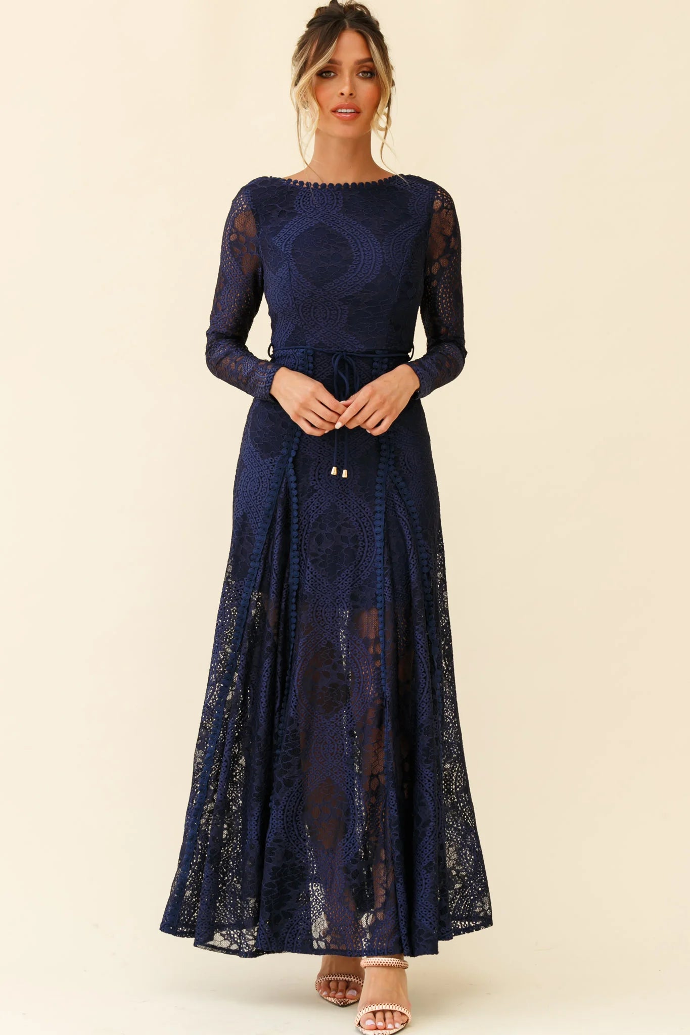 Palm Springs Long Sleeve Lace Overlay Maxi Dress Navy